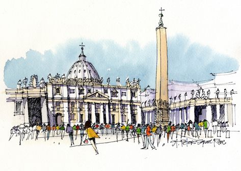 St Peter's Square, The Vatican. | by James Richards fasla James Richards, Saint Peter Square, Architecture Sketchbook, Square Painting, The Vatican, Urban Sketchers, Watercolor Paintings Tutorials, Watercolor Trees, Urban Sketching