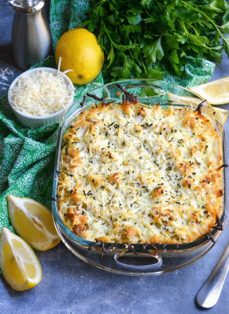 Lemon Chicken Pasta Casserole, Leftover Lemon Chicken Recipes, Lemon Chicken Pasta Bake, Lemon Pasta Bake, Lemon Chicken Casserole, Chicken Spaghetti Bake, Creamy Chicken Dinner, Baked Pasta Casserole, Baked Chicken Spaghetti