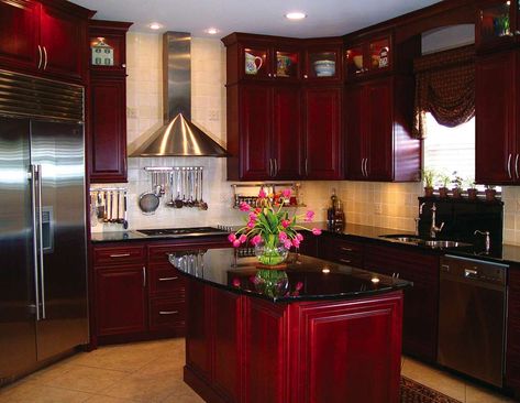 Homecrest Cabinets, Cherry Kitchen Cabinets, Glass Upper Cabinets, Red Kitchen Cabinets, Red Cabinets, Black Granite Countertops, Purple Kitchen, Cherry Kitchen, Cherry Cabinets