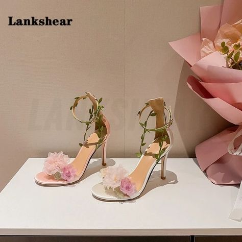 Just found this amazing item on AliExpress. Check it out! $106.31 | Women Pink Chiffon Flower High Heels Sandals One Word Rattan Strappy Sandals White Pink Ankle Strap Women's Wedding Shoes Floral High Heels, Fantasy High, Heels Patterns, Modern Sandals, Dream High, Chiffon Flower, Floral Heels, Floral Sandals, Types Of Heels