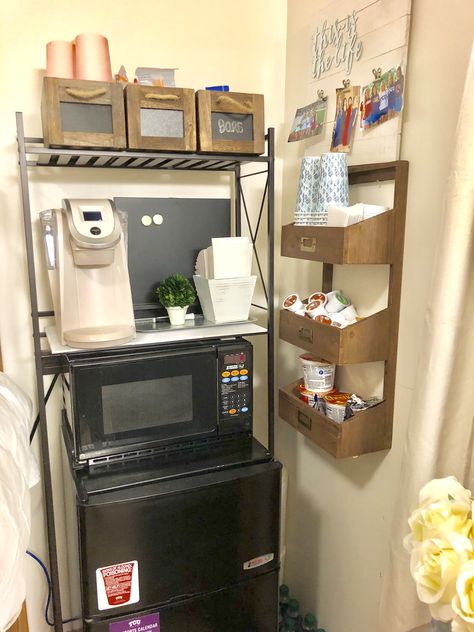 Over The Fridge Storage Dorm, Over Mini Fridge Storage, College Dorm Coffee Bar, Teacher Fridge Area, Food Storage For Dorm Room, College Coffee Bar, Dorm Room Coffee Bar, Coffee Bar In Classroom, College Dorm Coffee Station