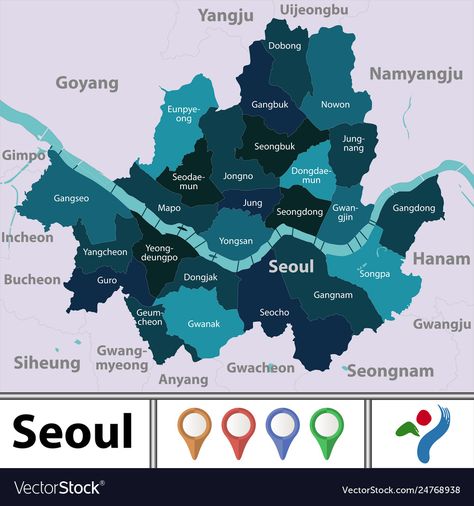 Seoul Drawing, Han River Seoul, Map Of Seoul, Hangang River, Han River, Vector Map, Gwangju, Seoul South Korea, Map Vector