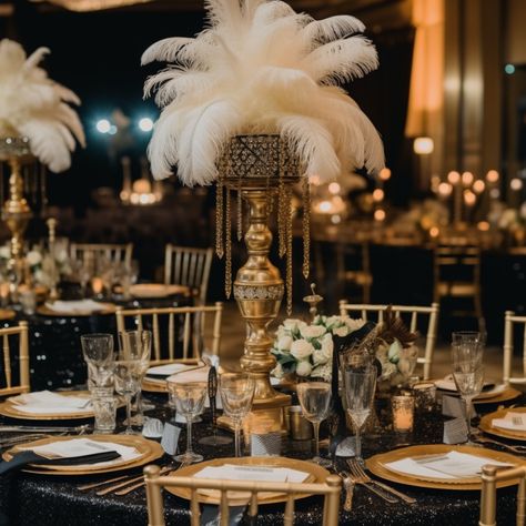 This wedding creates an atmosphere of luxury and romance, inspired by the culture of the 1920s. Everything should be elegant, shiny, and filled with details that reference the era. The color palette should be rich and diverse, with shades of navy blue, white, gold, and black prevailing. The venue can be a vintage mansion, theater, or a specially decorated banquet hall. Navy And Gold Wedding Theme Centerpieces, Vintage Hollywood Decorations, The Great Gatsby Wedding Theme, 1920 Theme Wedding, Gatsby Color Palette, Black Gold White Wedding, 1920 Wedding Theme, 1920s Themed Wedding, Old Hollywood Glamour Wedding