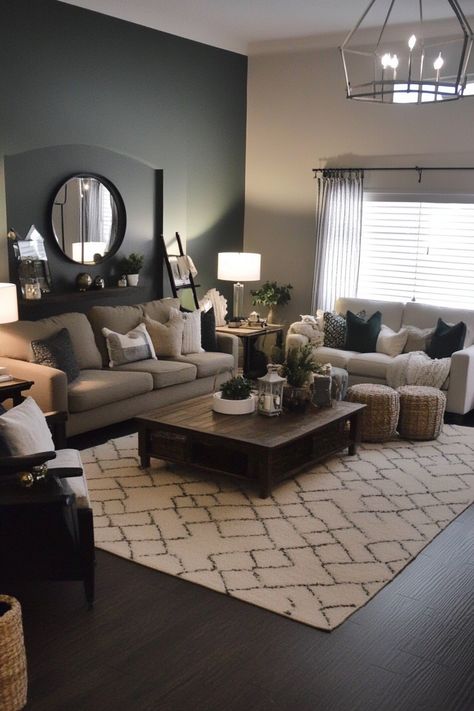 Transform your space with this inviting living room decor! 🛋️ Neutral tones with modern accents create a cozy ambiance perfect for relaxation. Achieve this stylish look with plush cushions, greenery, and rustic furniture. #livingroomdecor #interiordesign #homedecor Dark Grey Cream Living Room, Modern Rustic Living Room Grey Couch, Living Room Den Ideas, Black Grey Brown Living Room, Greige Living Room Decor, Sitting Area In Living Room Ideas, Cozy Aesthetic Living Room, Black And Brown Living Room, Grey Living Room Ideas Color Schemes