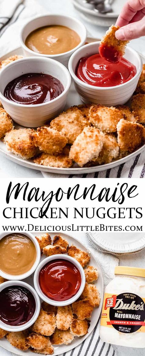 #ad Mayonnaise Chicken Nuggets are made with chunks of juicy chicken breaded with crispy, crunchy panko bread crumbs. Using mayonnaise as part of the breading process will give you extremely moist, flavorful chicken. Enjoy these baked chicken nuggets as part of a quick, delicious lunch or dinner. | #dukesmayo #trysometwang #chicken #chickennuggets #bakedchickennuggets #homemadechickennuggets @dukesmayonnaise Chicken Breaded, Mayonnaise Chicken, Mayo Chicken, Baked Chicken Nuggets, Homemade Chicken Nuggets, Cheesy Chicken Enchiladas, Chicken Nugget Recipes, Nuggets Recipe, Dish Ideas