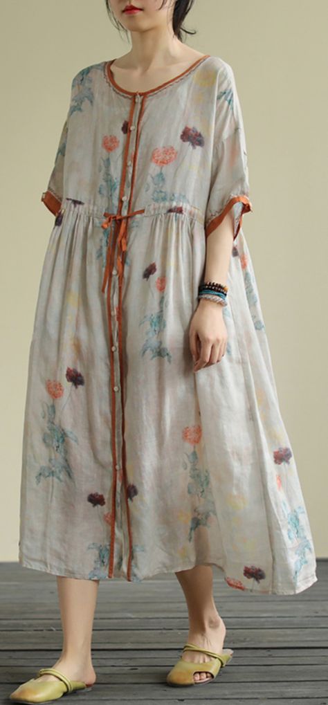 DIY floral linen Long Shirts o neck drawstring Robe summer Dresses Repurposed Shirts, Summer Dresses Diy, Dresses Materials, Loose Summer Dress, Baggy Dresses, Creative Clothing, Orange Chiffon, Short Summer Dresses, Design Clothes