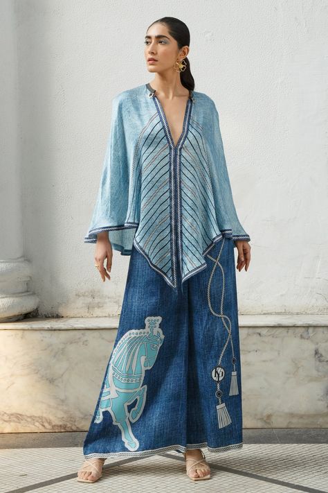 Shop for these amazing collections of Blue Bamberg Satin Printed Horse Motif V Neck Cape And Flared Pant Set For Women by Kamaali Pret online at Aza Fashions. Cape For Women, Horse Motif, Printed Flare Pants, Gaun Fashion, Blue Horse, Stylish Party Dresses, Dress Indian Style, Indian Designer Outfits, Fashion Attire