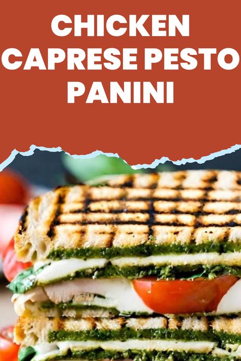 The Chicken Caprese Pesto Panini is a flavorful sandwich featuring grilled chicken, fresh tomatoes, mozzarella cheese, and basil pesto, all pressed between slices of crispy bread. It's a delicious and satisfying meal option perfect for lunch or a light dinner. Chicken Caprese Panini, Caprese Panini, Pesto Panini, Panini Recipes Chicken, Chicken Panini, Hot Chicken Sandwiches, Chicken Caprese, Crispy Bread, Grilled Chicken Tenders