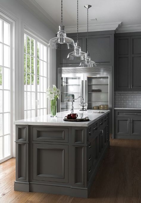 These 25+ grey kitchens are getting us inspired! From farmhouse grey kitchens to modern, this grey kitchen photo gallery has all the ideas you need. Visit our blog to get inspired. . . . . . . . . . . . . . #KitchenCabinets | Grey Cabinets | Gray Cabinets | Painted | Light | Country | With Granite | Black Countertop | Wall Color | Blue | Butcher Block | Gold Hardware | Distressed | DIY | Rustic Nature Clothes, American Kitchen Design, Dark Grey Kitchen Cabinets, Серая Кухня, Grey Kitchen Designs, Blue Kitchen Cabinets, American Kitchen, Kitchen Cabinet Styles, Diy Kitchen Decor