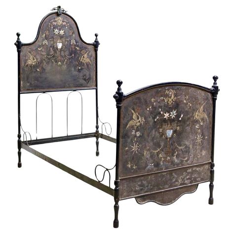 A one of a kind Italian cast iron and tole hand- painted bed from the 19th century, with applied mother-of-pearl accents, Tole painting is a meticulously decorative painting on objects and furniture, with a long history all over Europe specially among Netherlands and Scandinavian countries, including Norwegians, Danes and Swedes. In America the practice began with European inmigrants in New England around the 18th century. The most beloved family objects tend to be high quality utensils or furniture, painted freehand with favorite patterns, colors or flowers, or favorite illustrations or family stories. The perceived value of a tolled utensil increases with its quality as a utensil, the quality of the art, and the personalization, the story and the work. Exterior Dimensions: approx 71.5"He Painting On Objects, Painted Headboard, Antique Iron Beds, Painted Beds, Bedroom Bliss, Neo Victorian, Iron Bed, Aesthetic Rooms, Family Stories