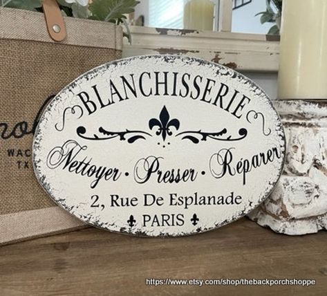 thebackporchshoppe - Etsy Wood Beams Living Room, French Signage, French Garage, Laundry Room Vintage, Hand Painted Lettering, French Country Ideas, Beams Living Room, Clothing Prints, Farmers Market Sign