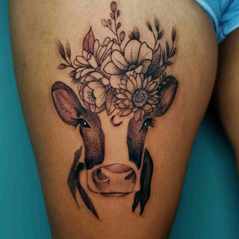 Cow Flower Tattoo, Small Cow Tattoo Ideas, Tattoo Ideas Cow, Cow Tattoo With Flowers, Flower Cow Tattoo, Cow And Flower Tattoo, Cow Outline Tattoo With Flowers, Cow Print Tattoo, Cow Tattoo Ideas