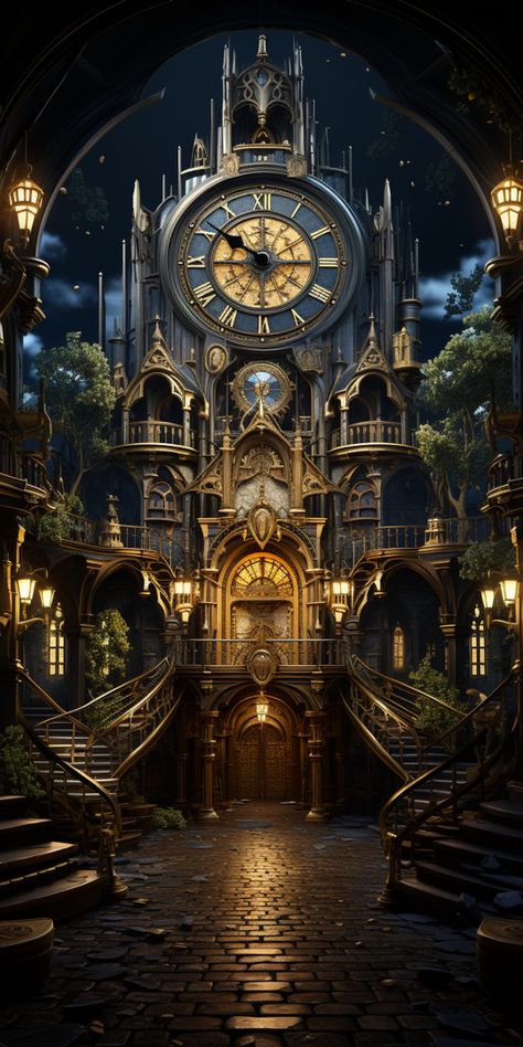 Time Travel Drawing, Time Astethic, Steam Punk Castle, Clock Fantasy Art, Time Travel Aesthetic, Clock Tower Aesthetic, Fantasy Clock Tower, Steampunk Clock Wallpaper, Steampunk Background Landscapes