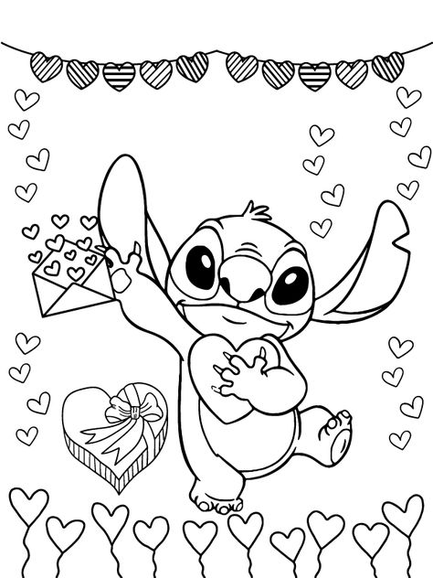 Stitch with Full of Valentine Hearts Coloring Page Stitch Activities For Kids, Stitch Colouring Pages, Stitch Coloring Pages Free Printable, Valentines Stitch, Lilo Y Stitch Dibujo, Stitch Valentines, Pintar Disney, Lilo I Stitch, Stitch Printable