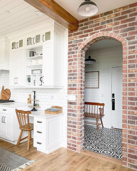 Brick Arch Interior, Brick Archway In Kitchen, Entry Into Kitchen, Archways In Homes, Brick Colour, Vaulted Ceiling Kitchen, Brick Archway, Kitchen Renovation Inspiration, Brick Accent Walls