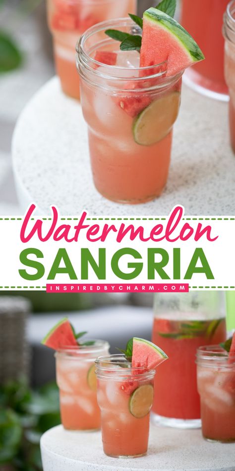 Serve up a pitcher of this easy watermelon sangria! It's a summer cocktail recipe using rosé wine. Packed with refreshing and bright flavors plus a vibrant color, this fruit sangria is an alcoholic 4th of July drink no one will be able to resist! Watermelon Summer Drinks Alcohol, Sangria By The Glass Recipe, Easy Pitcher Cocktails Party Drinks, Gallon Sangria Recipe, Vodka Sangria Recipes, 4th Of July Cocktails Pitcher, Easy Summer Sangria Recipes, July 4th Drinks Alcohol, 4th Of July Drinks Alcoholic Pitcher