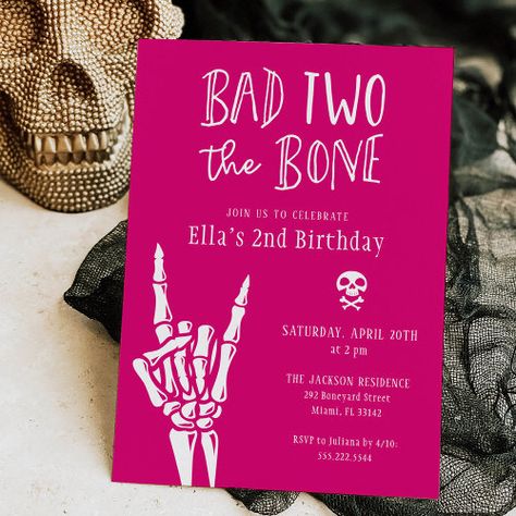 Hot Pink Bad Two The Bone 2Nd Birthday Party Invitation #zazzle #weddinginvitations #birthdayinvitations #babyshowerinvitations #zazzleinvitations #monogram #businesscards #graduation #homedecor Two Sassy Birthday Party Girl, 2nd Girls Birthday Party Ideas, 2nd Bday Party Ideas Girl, Bad Two The Bone Birthday Party Girl, Girl 2nd Birthday Party Ideas, 2 Year Birthday Theme Girl, Second Birthday Party Themes, Second Birthday Girl Theme, 2nd Birthday Theme Ideas