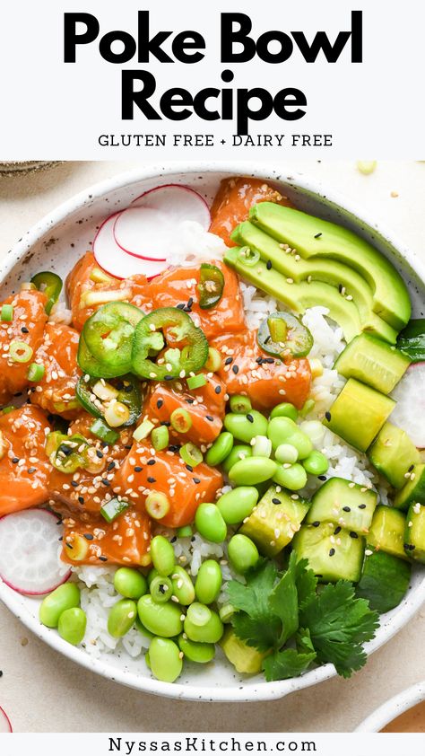 A poke bowl recipe that's flavorful and easy to make at home! Made with sushi grade salmon (or tuna) marinated in a simple sauce of coconut aminos, sesame oil, and rice vinegar. Served over rice with lots of delicious toppings and a simple spicy mayo. Easy to personalize and the best fresh lunch or dinner. Makes 2 poke bowls, but recipe can easily be doubled. Gluten free, dairy free, Whole30 / paleo option. Sushi Grade Salmon, Salmon Poke Bowl Recipe, Salmon Poke Bowl, Gluten Free Salmon, 30 Minute Meals Healthy, Fresh Lunch, Poke Bowl Recipe, Salmon Poke, Dairy Free Soup