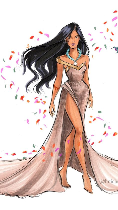 Holly Nichols on Instagram: “Pocahontas-inspired illustration sketched with Copic Markers on Strathmore Smooth Bristol #Fashionillustration #fashiondrawing…” Dress Fashion Drawing, Modern Fashion Illustration, Pocahontas Dress, Holly Nichols, Pocahontas Disney, Barbie Fashion Sketches, Fashion Design Drawing, Fashion Illustrations Techniques, Disney Princess Fashion