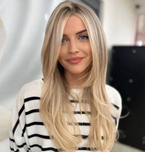 Long Hair With Chin Length Layers, Haircut Idea Long Hair, Haircuts For Straight Fine Hair Long, Long Layered Blonde Hair Straight, Blonde Over 40 Hair, Long Hair Angled Around Face, Long Layered Hair For Fine Hair, Long Hairstyles For Fine Hair Over 40, Long Fine Haircut