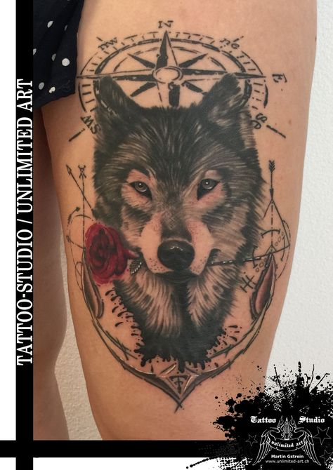 Wolf And Rose Tattoo, Geometric Compass Tattoo, Wolf Tattoos For Women, Geometric Compass, Wolf Tattoo Sleeve, Clock Tattoo, Light Background Images, Wolf Tattoos, Wolf Tattoo