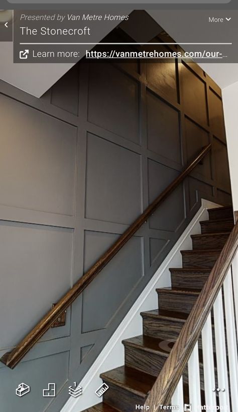 Panelled Wall Staircase, Wall Pannel Ideas Staircase, Basement Stairwell Wainscotting, Wall Panels For Staircase, Staircase No Railing, Iron Ore Staircase Wall, Waynes Coating Stairway Staircases, Diy Panelling Walls Stairs, Wall Panel Staircase