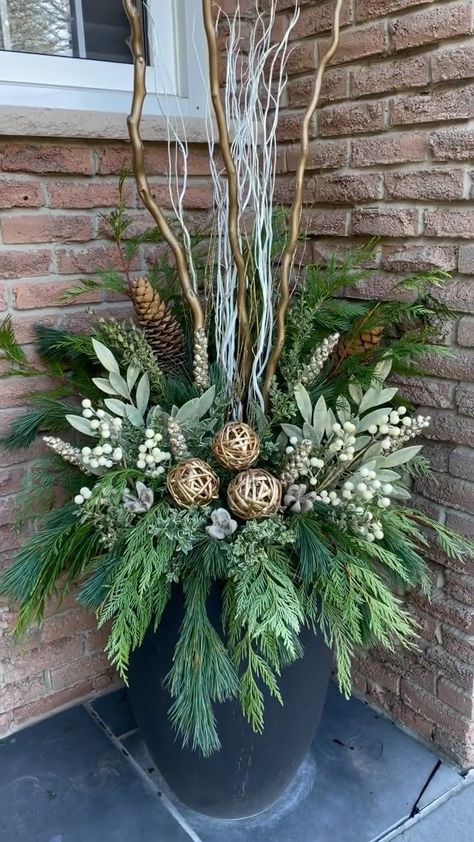 Vanessa Monardo | When creating a planter to add interest all winter, I like to focus on TEXTURE! Incorporate greens like boxwood, Sapphire and Oregonia... | Instagram Winter Urns Front Doors, Front Door Planters Winter, Winter Front Porch Planters, Outdoor Winter Planter Ideas, Winter Pots Outdoor Planters, Winter Planter Boxes, Christmas Outdoor Planters, Winter Planters Front Porches, Christmas Greenery Arrangements