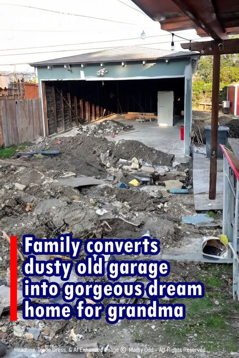 Family's heartwarming #garage makeover for grandma makes 300 square feet feel like a palace: When Karin's LA family turned their dilapidated garage into her dream #tinyhome, they proved #smallspaces can have huge style. See how they packed function & light into just 300 sq ft, creating a serene #DIY #ADU for grandma. Details like strategic layout, matching tiles & accessible bath help Karin age in place gracefully. Basement Garage Conversion Living Spaces, Convert Double Garage To Granny Flat, 2 Car Garage Conversion Granny Flat, Garage Conversion Apartment Granny Flat, Garage Turned Into Apartment Studios, Garage Conversion Before And After, Garage Renovation Living Spaces, Converting Garage To Living Space, Garage Conversion Apartment