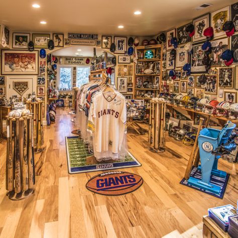 Secret Man Cave, Vintage Sports Room, Sports Rooms, Sports Cave, Sports Memorabilia Display, Vintage Sports Decor, Football Displays, Sports Man Cave, Memorabilia Display