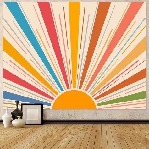 Zussun Boho Sun Tapestry Retro 70s Sunset Sunrise Tapestries for Bedroom Aesthetic Vintage Abstract Art Colorful Rainbow Classroom Tapestry Wall Hanging for Living Room Dorm (Orange, 48'' × 36'') Sun Mural Wall, Aesthetic Tapestries, Sun Mural, Mountain Room, Bedroom Aesthetic Vintage, Sun Tapestry, Rainbow Mural, Rainbow Classroom, Sunrise Aesthetic