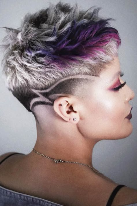 Mohawk For Women Over 40, Shaved Designs In Hair For Women, Shaved Back Of Head Undercut, Undercut With Short Hair, Undercut Ideas For Women, Short Haircut With Undercut, Under Cut Designs, Pixie Haircut With Undercut, Short Color Hair