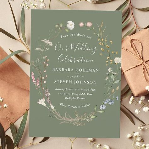 $2.90 | Rustic Chic Boho Wildflower Sage Green Wedding | Wedding Invitations | rustic, wildflower theme, chic boho, whimsical wildflowers, vintage pressed flowers, elegant calligraphy script, blush pink, spring colors, pastel wedding invitations, sage green Moss Green Wedding, Pastel Wedding Invitations, Boho Wildflower, Sage Green Wedding, Green Wedding Invitations, Wedding Prints, Pastel Wedding, Wildflower Wedding, Personalized Invitations