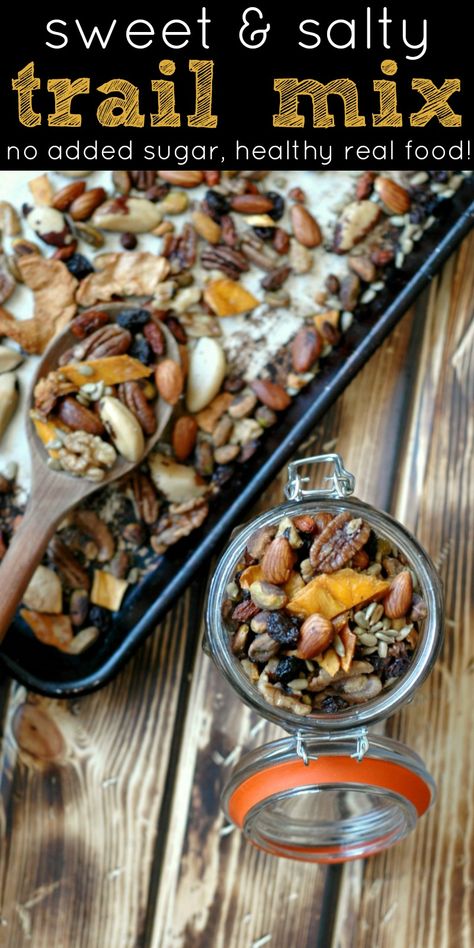 From lunchbox additions and afternoon pick me ups, to game day munchies and movie night snacks, this salty and sweet trail mix is the perfect healthy choice! How To Make Trail Mix Recipes Healthy Snacks, Sweet And Spicy Trail Mix Recipes, Banana Chip Trail Mix Healthy Snacks, Sweet Trail Mix, Trail Mix No Nuts Healthy Snacks, Nut Free Trail Mix For Kids, Paleo Snack, Organic Nuts, Gaps Recipes