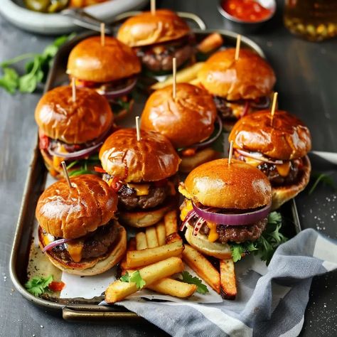 Slider-Style Mini Burgers Recipe - elianarecipes.com Beef Onion Soup, Nye Party Food, Mini Burgers Recipe, Chorizo Appetizer, Mini Burgers Sliders, Mini Slider, Cucumber Roll Ups, Salmon Bites Recipe, New Years Eve Dessert