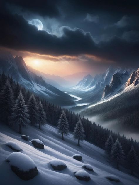 A painting of a snowy mountain scene with trees and snow - SeaArt AI Greg Rutkowski, Fantasy Concept, Cinematic Lighting, Bad Art, Bad Photos, Art Cover, Snowy Mountain, Dark Clouds, Majestic Mountains