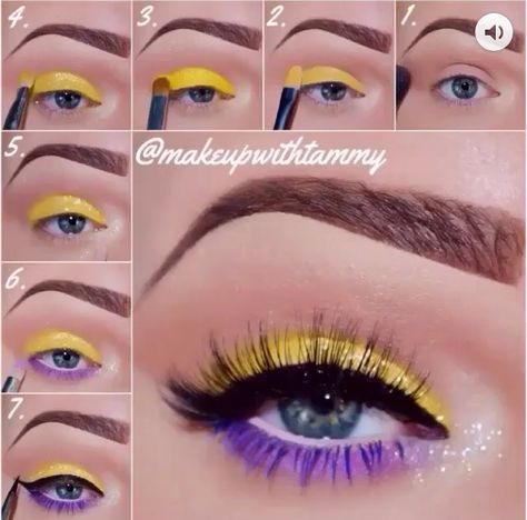 Yellow Eyeshadow Looks Step By Step, Purple And Yellow Eyeshadow, Yellow And Purple Makeup, 2 Color Eyeshadow, Yellow Eyeshadow Looks, Color Mascara, Bright Eye Makeup, Yellow Makeup, Once Upon A Dream