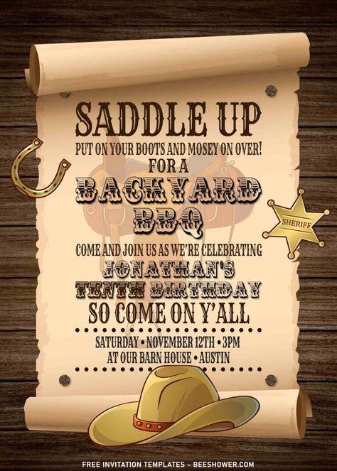 Cowboy Party Invitations Free, Country Birthday Invitations, Cowboy Themed Birthday Party, Cowboy Invitations Birthday, Western Invitations, Papa Birthday, Cowboy Invitations, Wild West Birthday, Free Printable Baby Shower Invitations