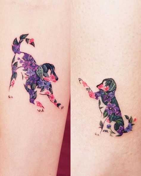 Flower Pet Tattoo, Dog Floral Tattoo, Flower Dog Tattoo, Floral Dog Tattoo, Dog Flower Tattoo, Fluffy Tattoo, Unique Dog Tattoo Ideas, Memories Ideas, Embroidery Tattoo