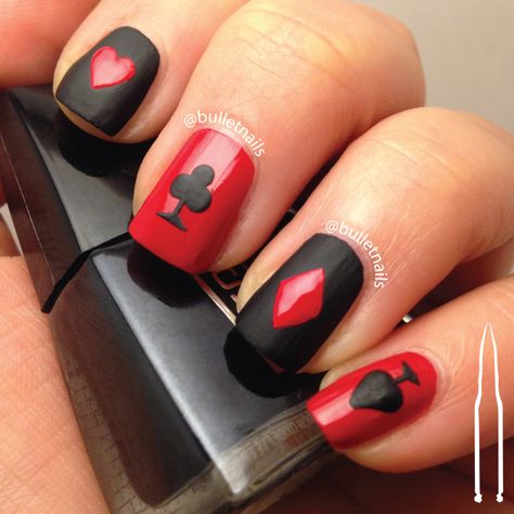 ncu – red & black | bulletnails Short Nail Art Designs Halloween, 2 Color Nail Art, Vegas Theme Nails Ideas, Vegas Manicure Ideas, Short Nail Designs Black And Red, Vegas Nails Ideas Short, Black Vegas Nails, Casino Themed Nails, Vegas Theme Nails