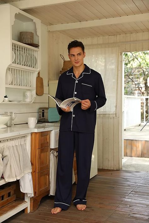 Mens Cotton Pajama Set, Soft Long Sleeve  Lightweight Button Up Sleepwear Lounge Pjs Set with Pockets -❤Perfect Gift: Spoil your dad, spouse, son or friend with this ultra comfortable pajama set for men, Sleeping Outfits Men, Pajama Outfit Men, Sleeping Outfits, Lounge Pjs, Pajamas For Men, Mens Pajama, Mens Pjs, Button Up Pajamas, Sleep Sets