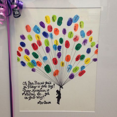 Balloon Thumbprint Art, Graduation Fingerprint Art, Fingerprint Picture Frame, Classroom Fingerprint Art, Classroom Fingerprint Ideas, Fingerprint Memory Art, Thumbprint Art For Teacher, Fingerprint Class Project, Fingerprint Keepsake Ideas