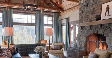 Should you use curtains in your cabin or rustic mountain home? Lot's of photos to help you make up your mind. Curtains In Log Home, Cabin Curtains Rustic Living Room, Log Cabin Windows, Log Cabin Window Treatments, Log Cabin Curtains, Lodge Window Treatments, Picture Window Curtains, Cabin Window Treatments, Cabin Curtains