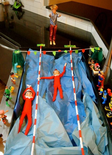 Elf swim meet Swimming Elf On The Shelf, Elf Swimming Ideas, Elf On The Shelf Swimming Ideas, Elf Swimming, Elf Pictures, Shelf Elf, Christmas Door Decorating Contest, Awesome Elf On The Shelf Ideas, Elf Antics