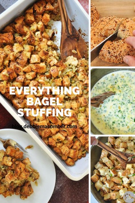 Take a shortcut to delicious stuffing this year by swapping out the bread for Everything bagels. They pack a punch with their savory flavors, and this dish is tied to traditional stuffing by adding in sage. Leftovers would make a great brunch the day after Thanksgiving by serving alongside an egg and bacon. Bagel Stuffing Thanksgiving, Everything Bagel Stuffing, Best Stuffing Recipe, Traditional Stuffing, Toasted Bagel, Bagel Thins, Everything Bagels, Egg And Bacon, Bread Dressing