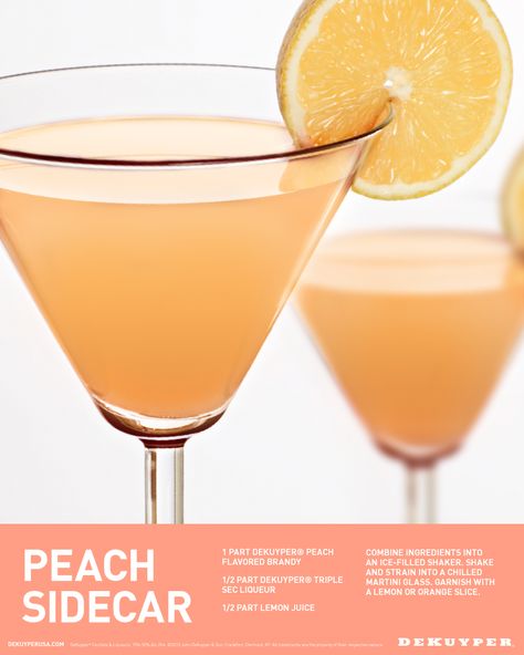 A Peach Sidecar is a classic cocktail for creative-minded. 1 part DeKuyper® Peach Flavored Brandy, 1/2 part DeKuyper® Triple Sec Liqueur, 1/2 part Lemon Juice. Shake over ice, strain and pour into a martini glass. #MadMen Peach Sidecar Cocktail, Peach Sidecar, Beachy Drinks, Fruity Rum Drinks, Bartending Drinks, Peach Martini, Sidecar Cocktail, Martini Party, Sangria Cocktail