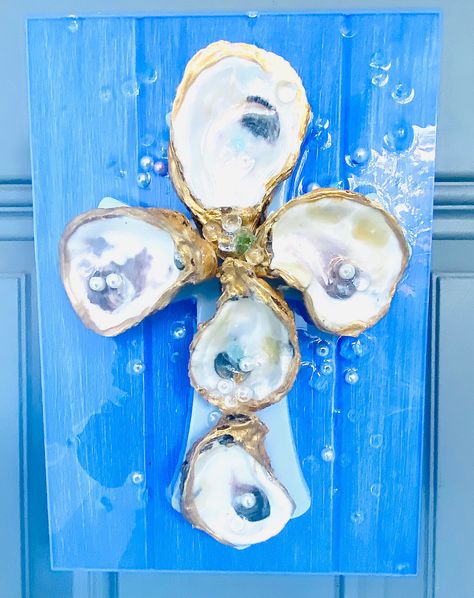 Oyster Shell Cross, Shell Cross, Sea Glass Mosaic, Oyster Shell Crafts, Sign Of The Cross, Christmas Tree Art, Cross Art, Oyster Shells, Outdoor Wall Art