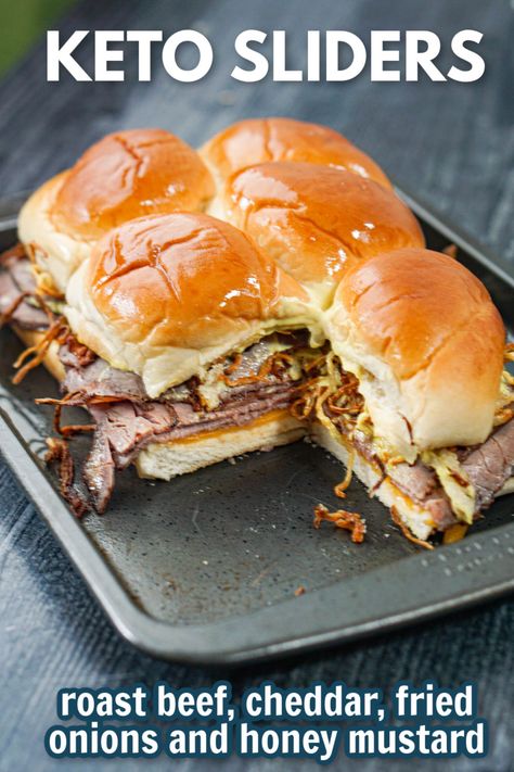 baking tray with keto roast beef sliders and text Keto Roast Beef, Keto Sliders, Keto Roast, Roast Beef Sliders Recipes, Roast Beef And Cheddar, Crispy Fried Onions, Tender Roast Beef, Roast Beef Sliders, Perfect Sandwich