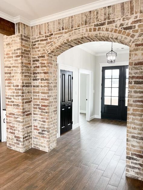 Brick Arch Entryway, Interior Brick Accents, Brick Arches Interior, Indoor Brick Wall Ideas, Brick Entryway, Brick Archway, Interior Brick, Brick Interior Wall, Brick Columns