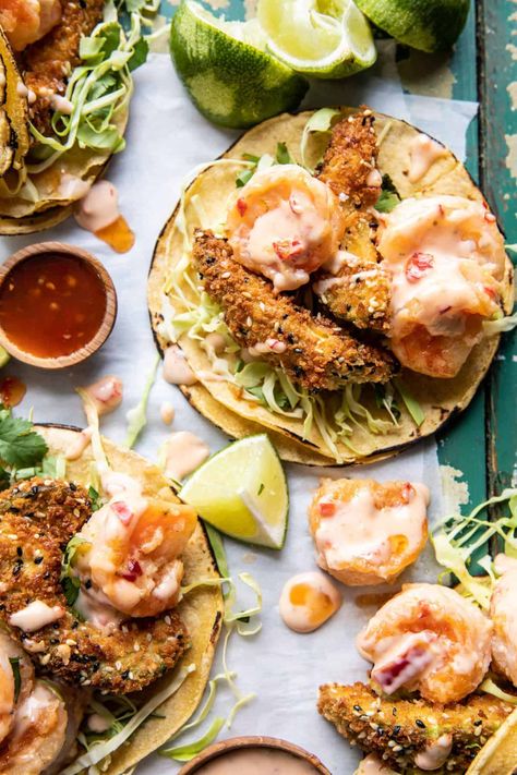 Bang Bang Shrimp Tacos with Fried Avocado | halfbakedharvest.com Bang Bang Shrimp Tacos, Fried Avocado Tacos, Fried Avocado, Half Baked Harvest Recipes, Avocado Taco, Sweet Potato Tacos, Bang Bang Shrimp, Avocado Fries, Harvest Recipes