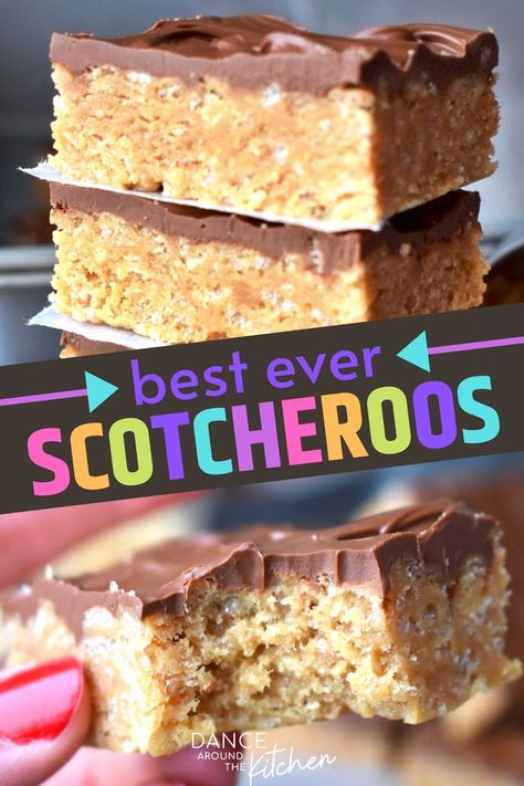 Rich chocolate and butterscotch covers the creamy, crispy, peanut-buttery base layer making for the perfect quick and easy no bake dessert! These are truly the best ever scotcheroos!!  #Scotcheroos #NoBake #Dessert #RiceKrispies Scotcharoos Recipe With Marshmallow, How To Make Scotcheroos, Best Scotcheroos Recipe, Vegan Scotcheroos, Healthy Scotcheroos, Scotcheroos Without Corn Syrup, Best Ever Scotcheroos, Scotcharoos Recipe, Butterscotch Desserts